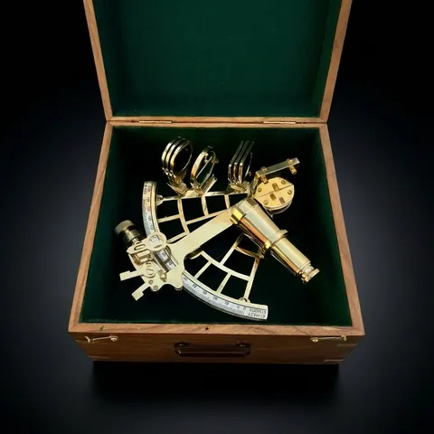 Polished Brass Sextant with Green Velvet Lined Wooden Box view 1