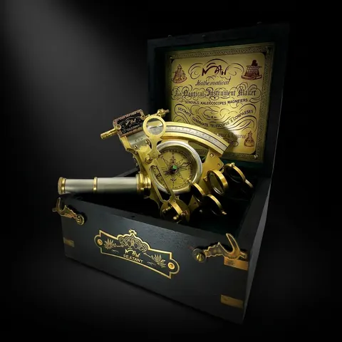 Antique Brass Sextant with Built-In Compass and Black Wooden Box view 1