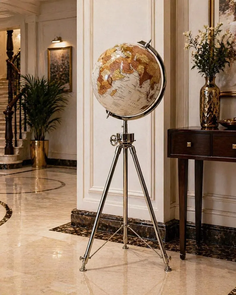 Large White Globe on All-Brass Chrome Tripod Stand