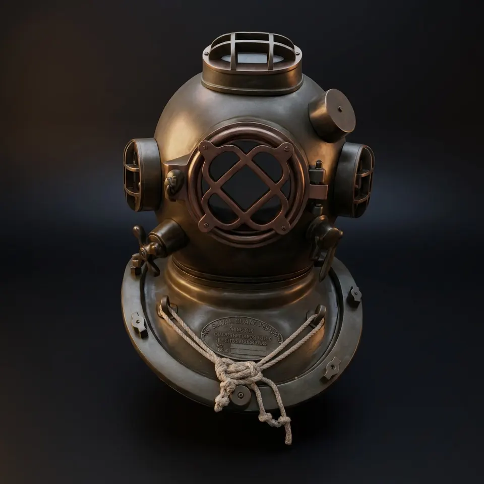 Mark V Diving Helmet with Antique Finish and Metal Stand