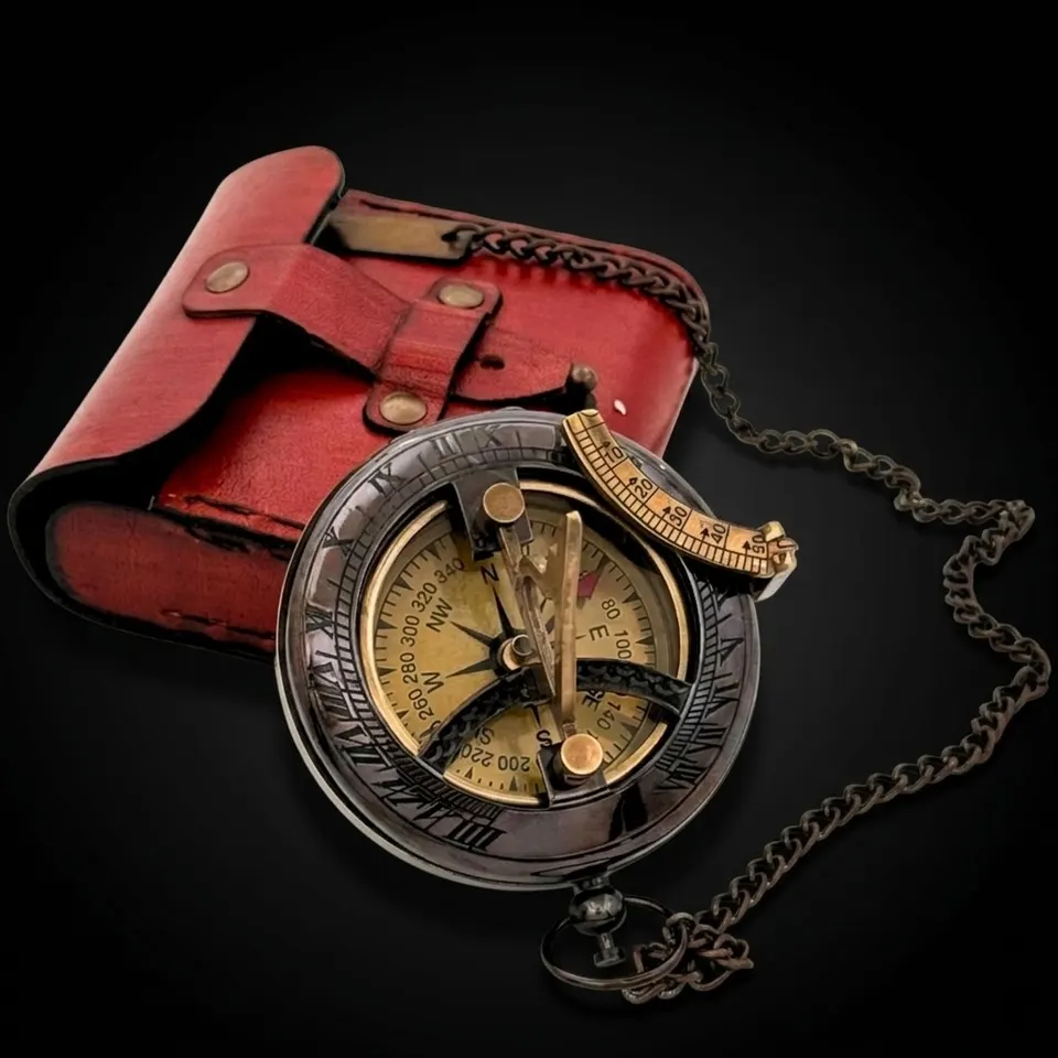 Antique Brass Sundial Compass with Red Leather Case view 1