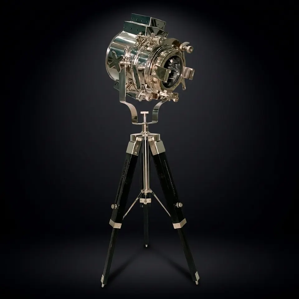 Chrome Spotlight on Black Wooden Tripod