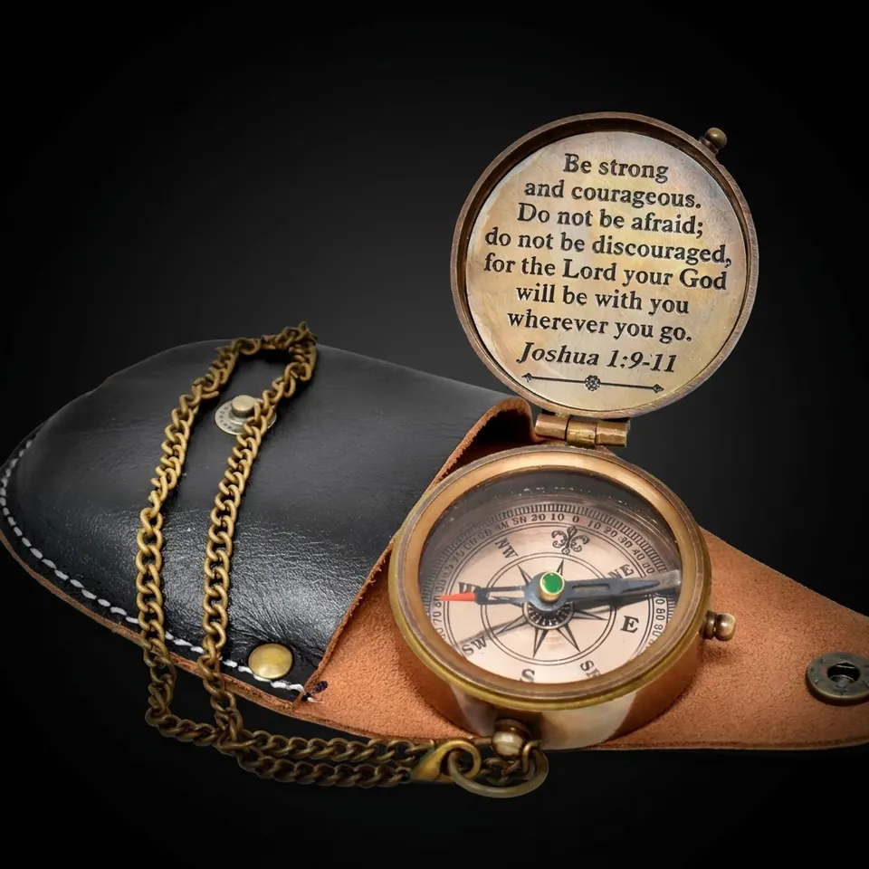 Joshua 1:9 Compass, Leather Case