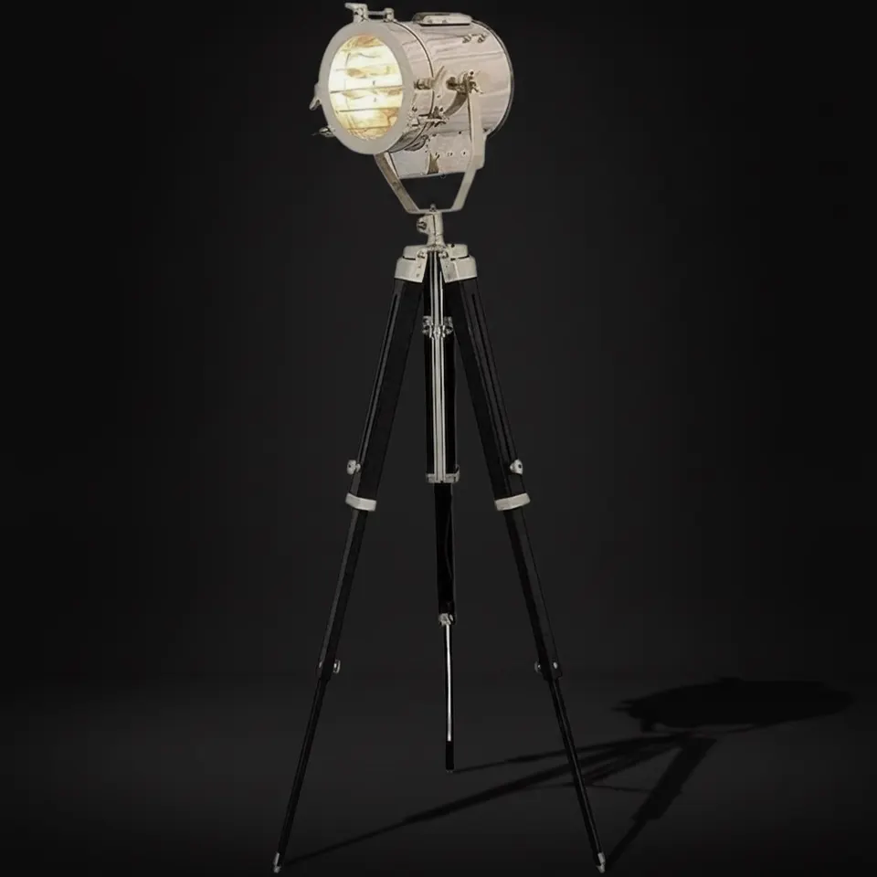 Chrome Spotlight on Black Wooden Tripod