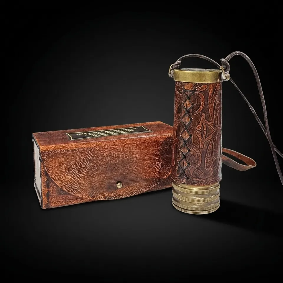 Miniature Brass Kaleidoscope with Leather Carry Case view 1