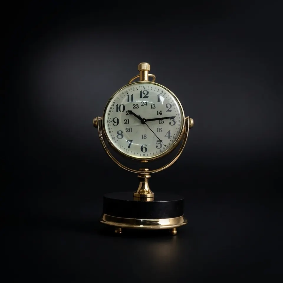Vintage Brass Desk Clock with Compass Dial Back