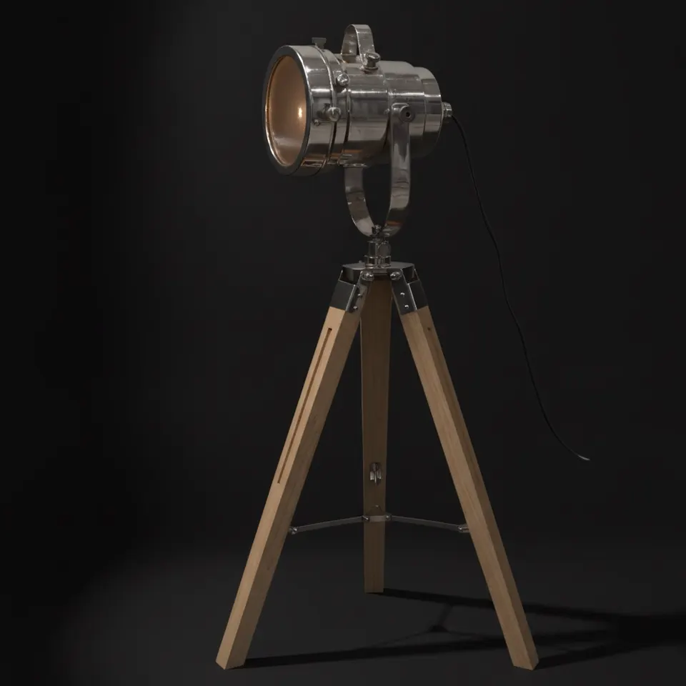 Chrome Spotlight on Teak Wood Tripod