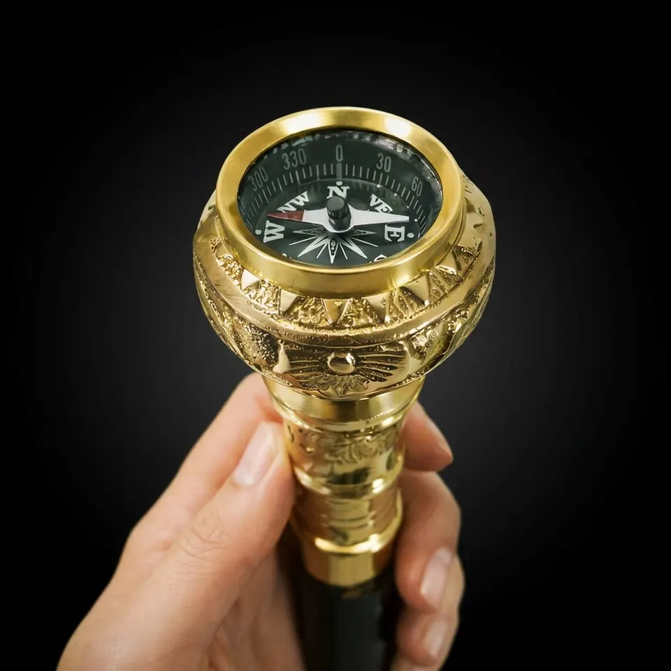 Brass Compass Handle Rosewood Walking Stick