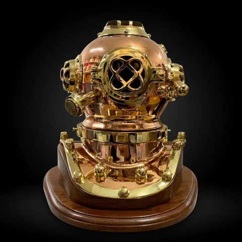 Brass and Copper Diving Helmet with Rosewood Base view 1