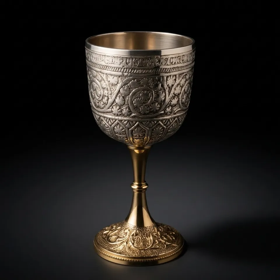 Embossed Brass Goblet with Lush Floral Romantic Finish