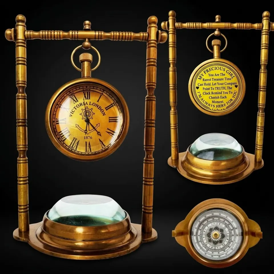 Brass Desk Clock with Working Compass