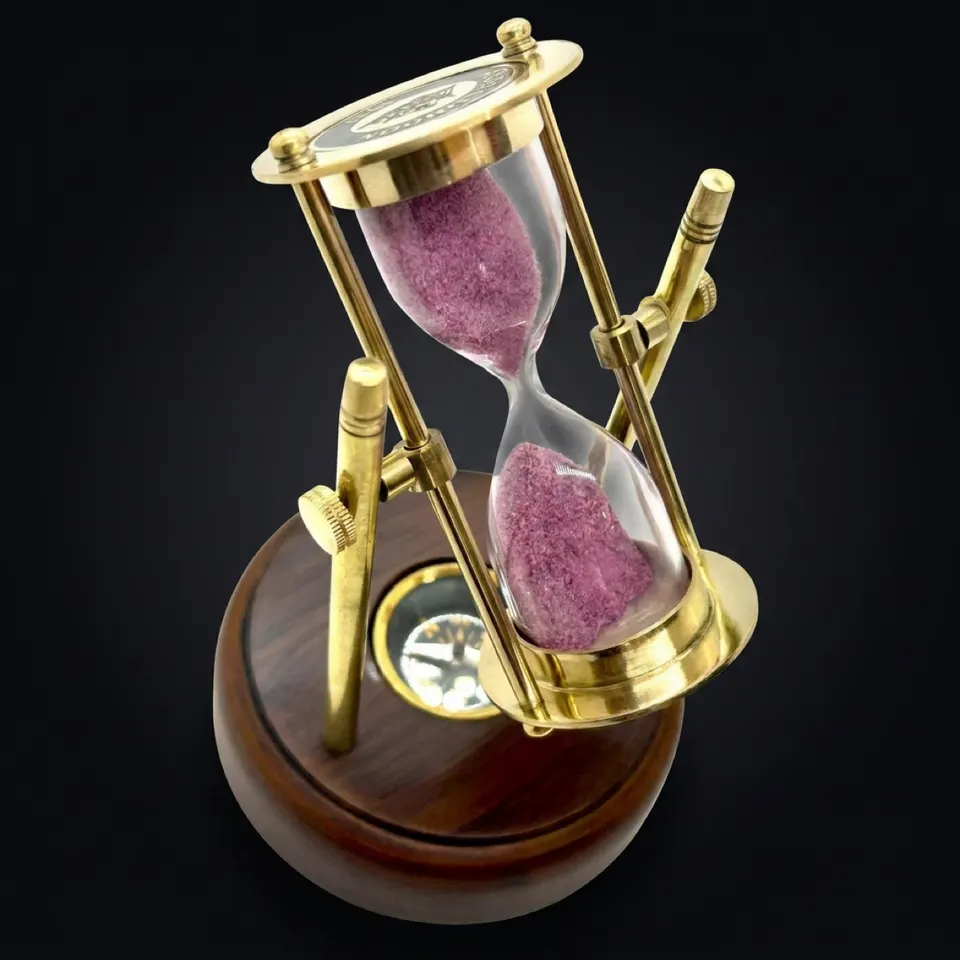 Rotating Brass Hourglass with Wooden Base and Compass, 2-Minute, Pink Sand