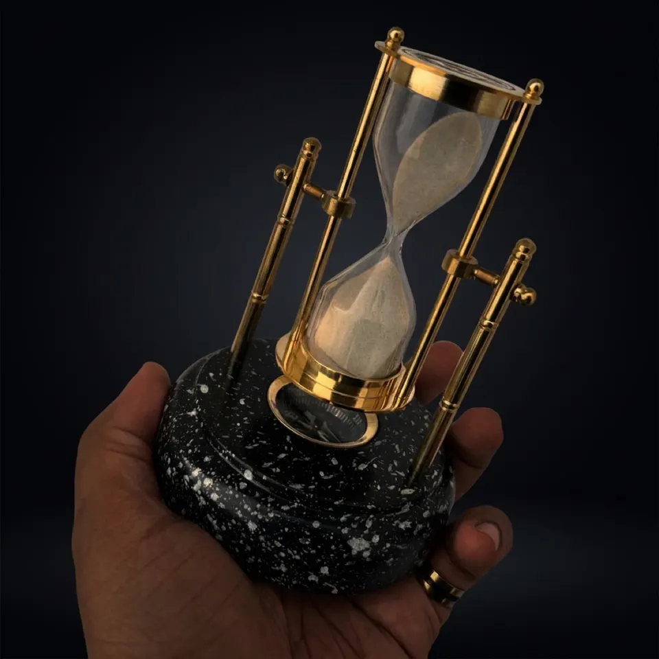 Rotating Brass Hourglass with Marble Base and Compass, 3-Minute view 1
