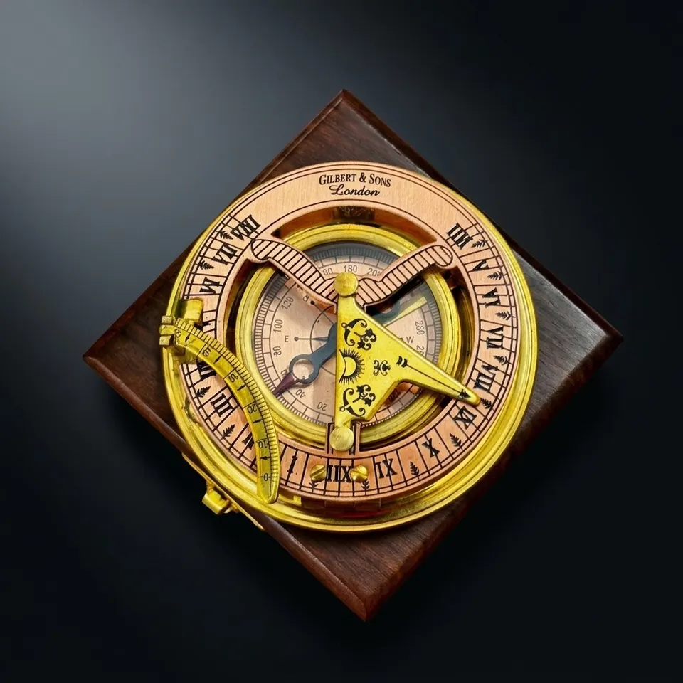 Polished Brass Sundial Compass with Leather Presentation Box