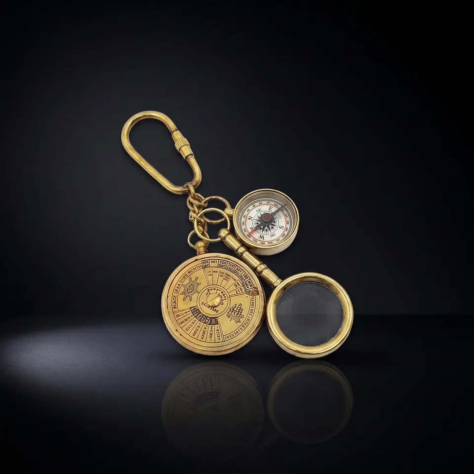 Brass Calendar, Magnifier and Compass Keychain Set view 1