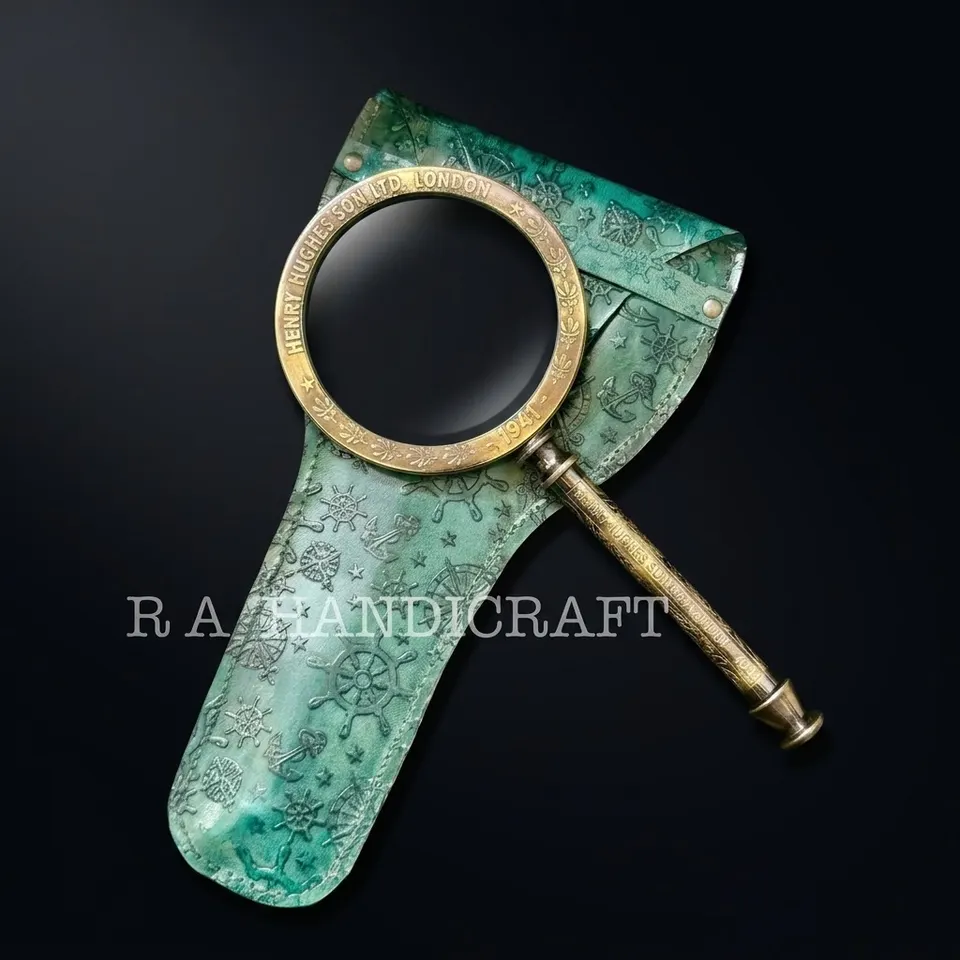Solid Brass Handheld Magnifier 3" with Engraved Floral Green Leather Case