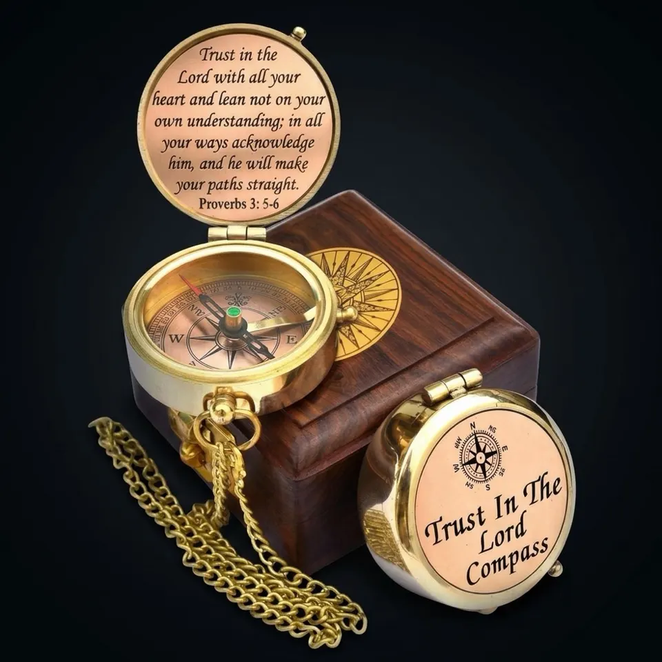 Proverbs 3:5-6 Compass, Wooden Box