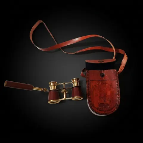 Leather-Wrapped Brass Opera Glasses with Red Leather Case view 1