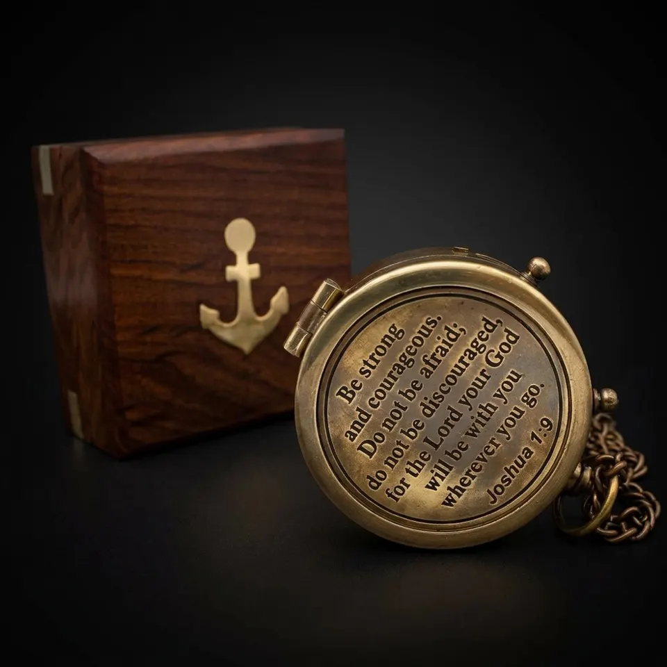 Joshua 1:9 Compass, Wooden Box