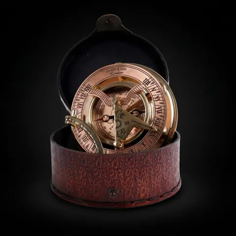 Polished Brass Sundial Compass with Red Leather Case view 1