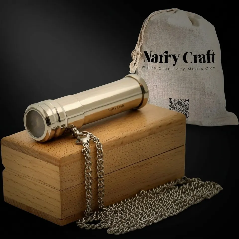 Brass Kaleidoscope with Optical Glass Lens and Wooden Box view 1