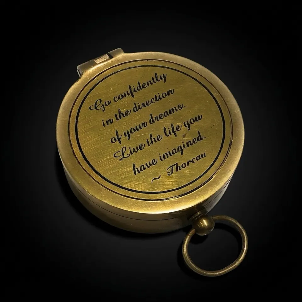 Thoreau Quote Compass, Polished Brass