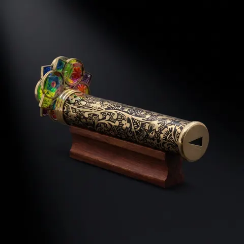 Giant Trigon Etched Brass Kaleidoscope with Hardwood Base view 1