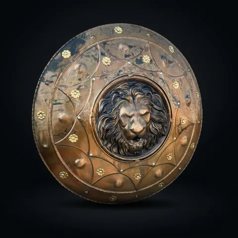 Medieval Viking Damage Lion Face Shield with Battle Warrior view 1