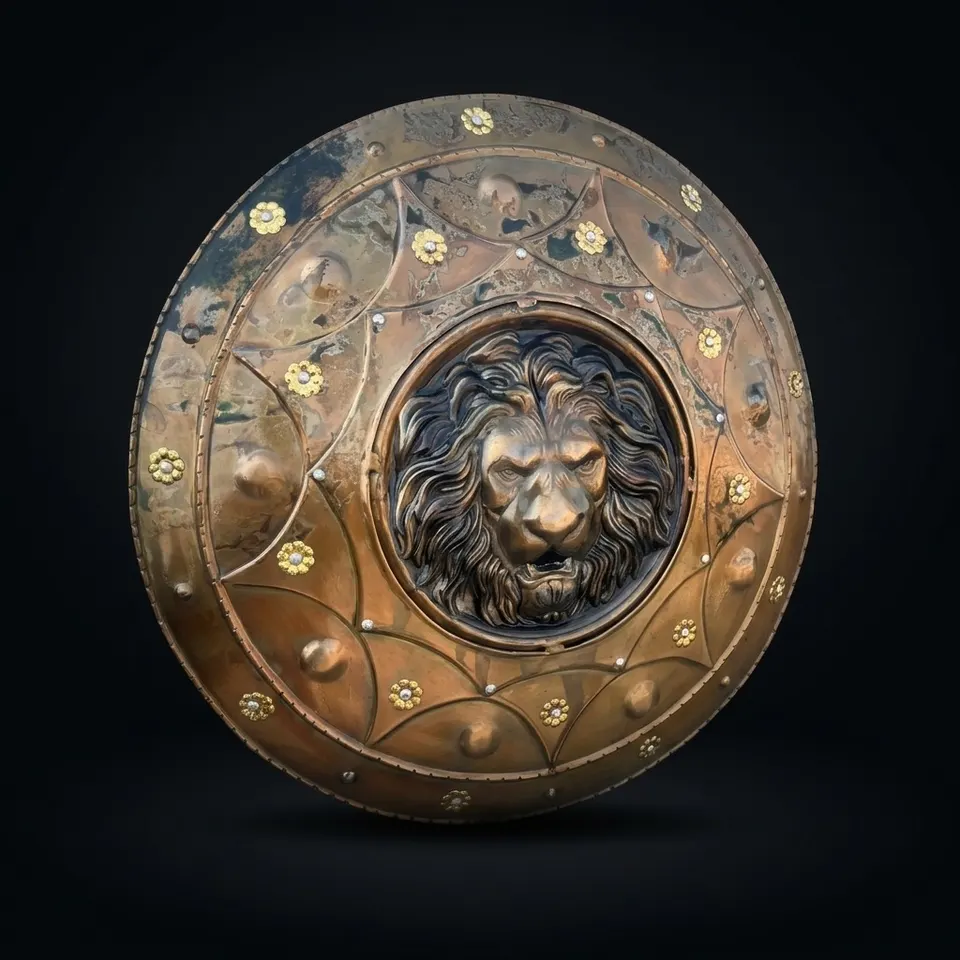 Medieval Viking Damage Lion Face Shield with Battle Warrior view 1