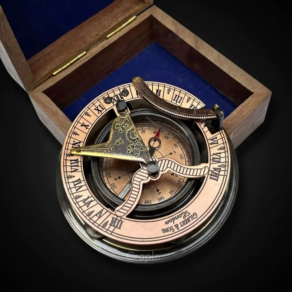 Antique Brass Sundial Compass with Fitted Wooden Presentation Box