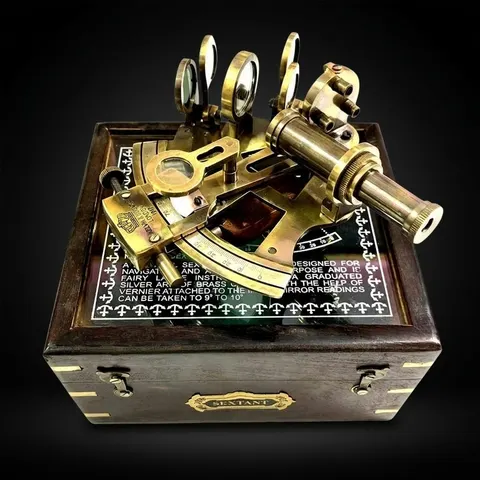 Antique Brass Sextant with Black Wooden Box view 1