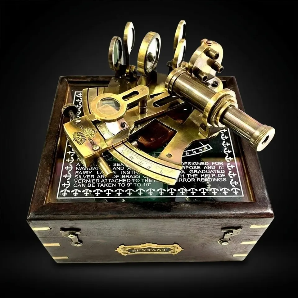Antique Brass Sextant with Black Wooden Box view 1