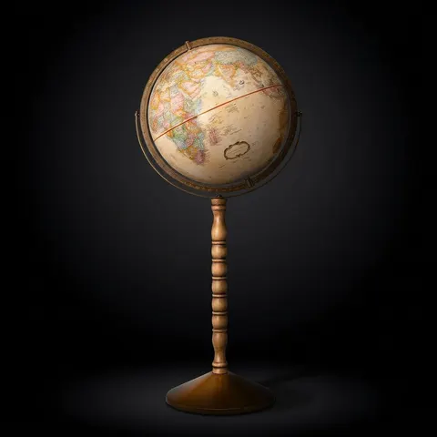 Large Desk Globe with Full Brass Ring on Wooden Stand and Metal Base view 1