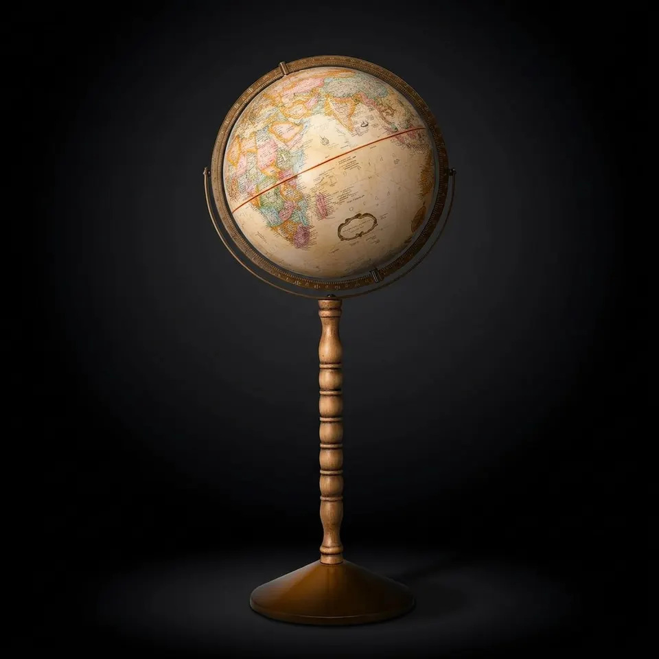 Large Desk Globe with Full Brass Ring on Wooden Stand and Metal Base