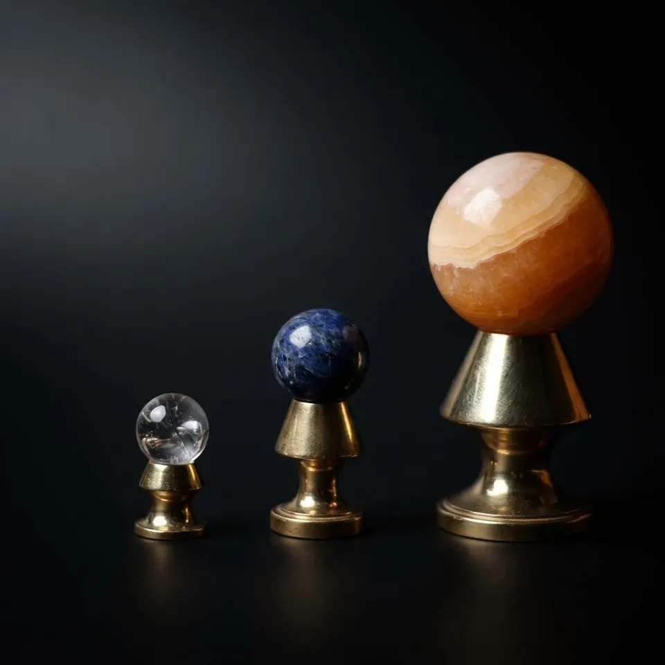 Sun, Earth and Moon Gemstone Set on Brass Stands  Sodalite & Clear Quartz Spheres view 1