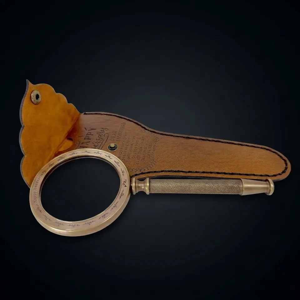 All-Brass Handheld Magnifier 3.2" with Antique Finish and Unique Leather Case