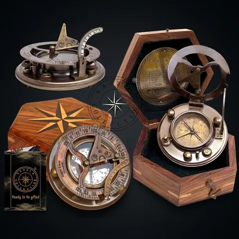 Black Antique Brass Sundial Compass with Hexagonal Wooden Presentation Box view 1