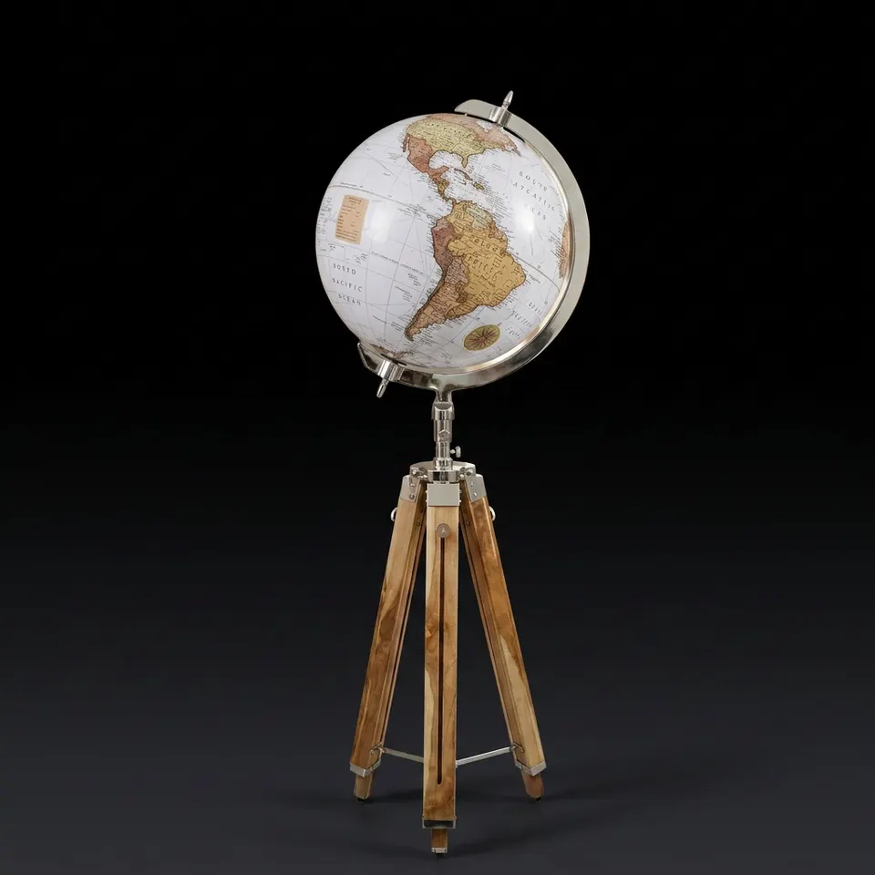 Large White Globe with Chrome Nickel Ring on Adjustable Light Brown Wooden Tripod Stand