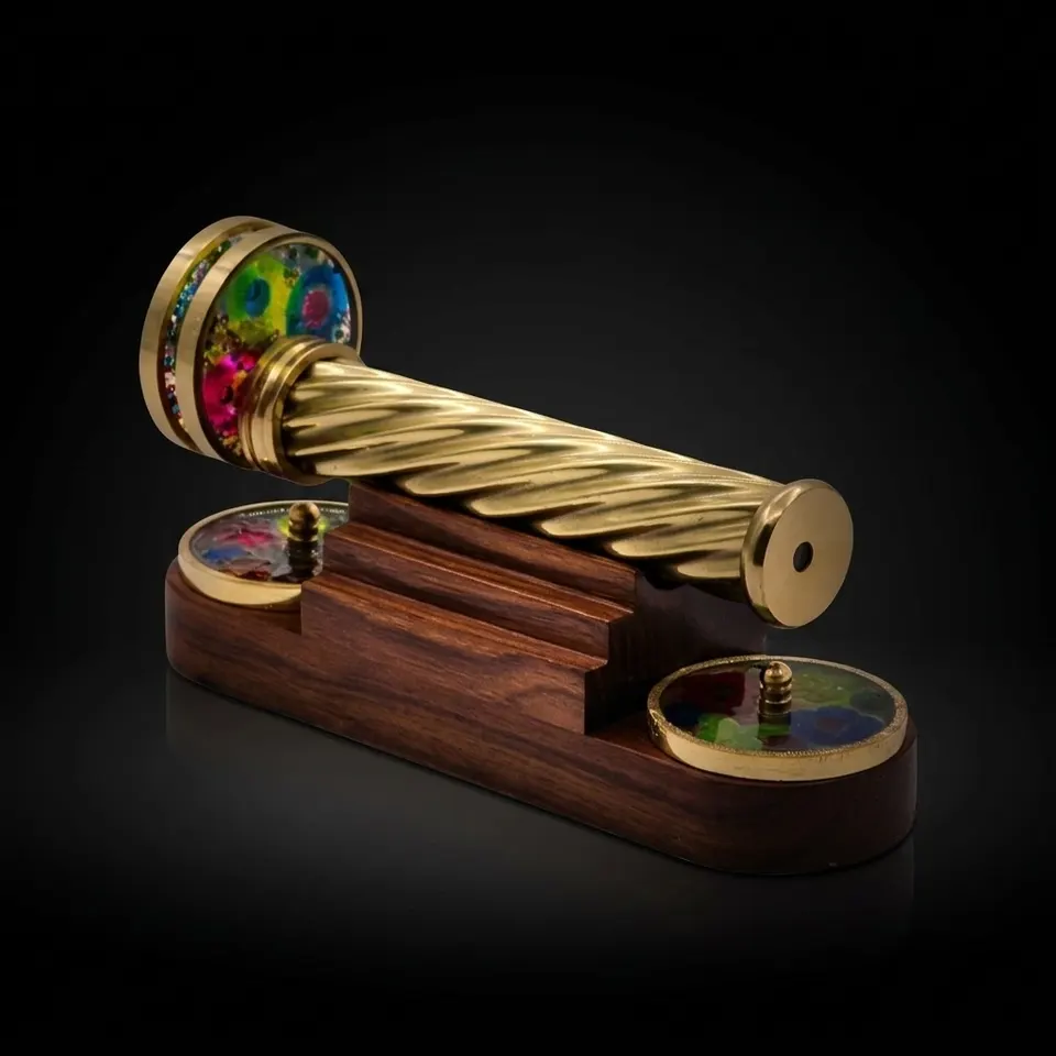 Spiral Brass Kaleidoscope with Three Rotating Wheels