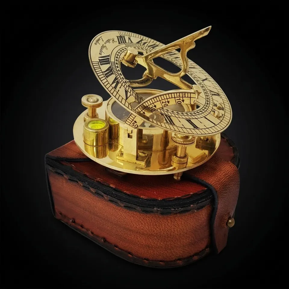 Antique Brass Sundial Compass with Leather Case view 1