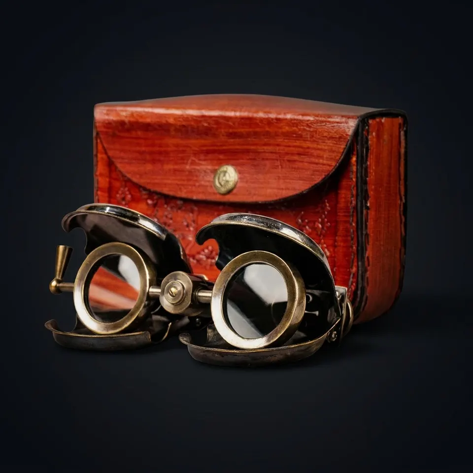 Folding Brass Binocular with Red Leather Case