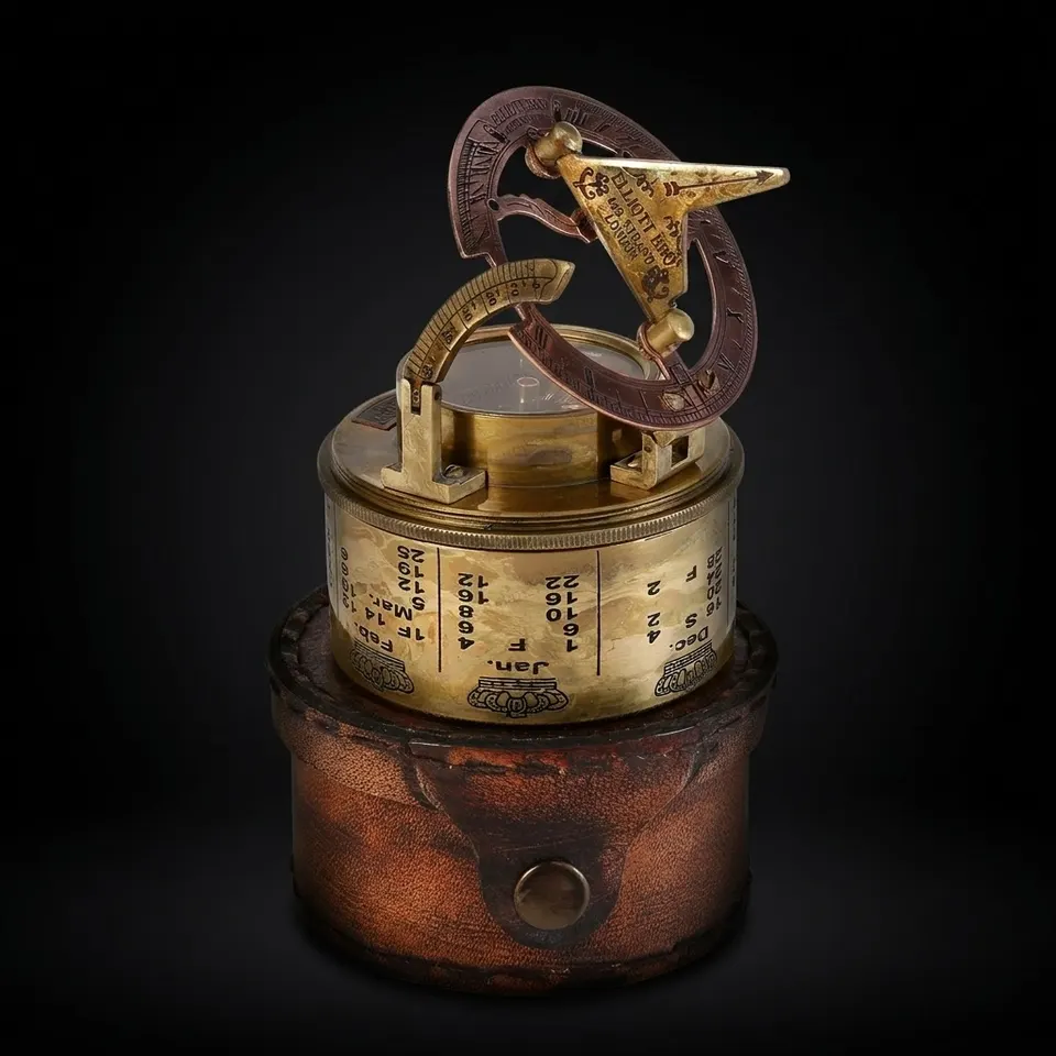 Antique Brass Sundial Compass with Leather Case view 1