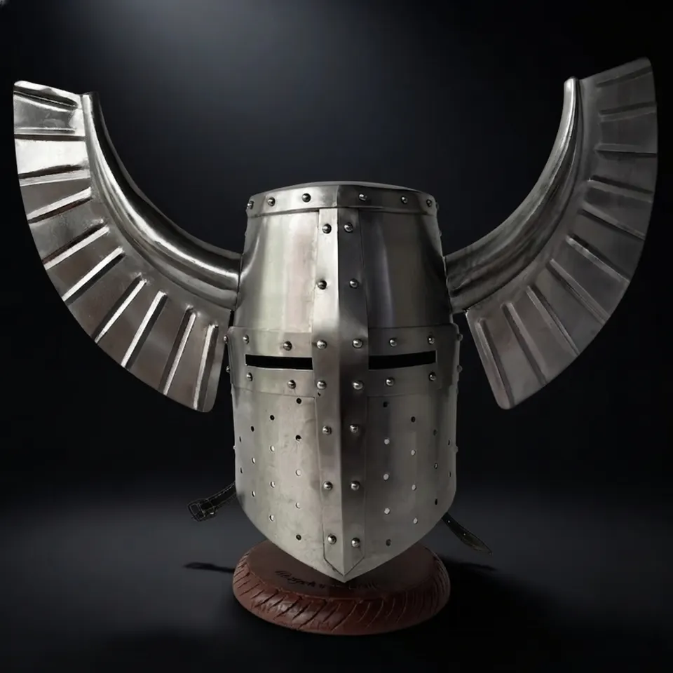 Teutonic Knight Helmet — Steel Winged Crest Display