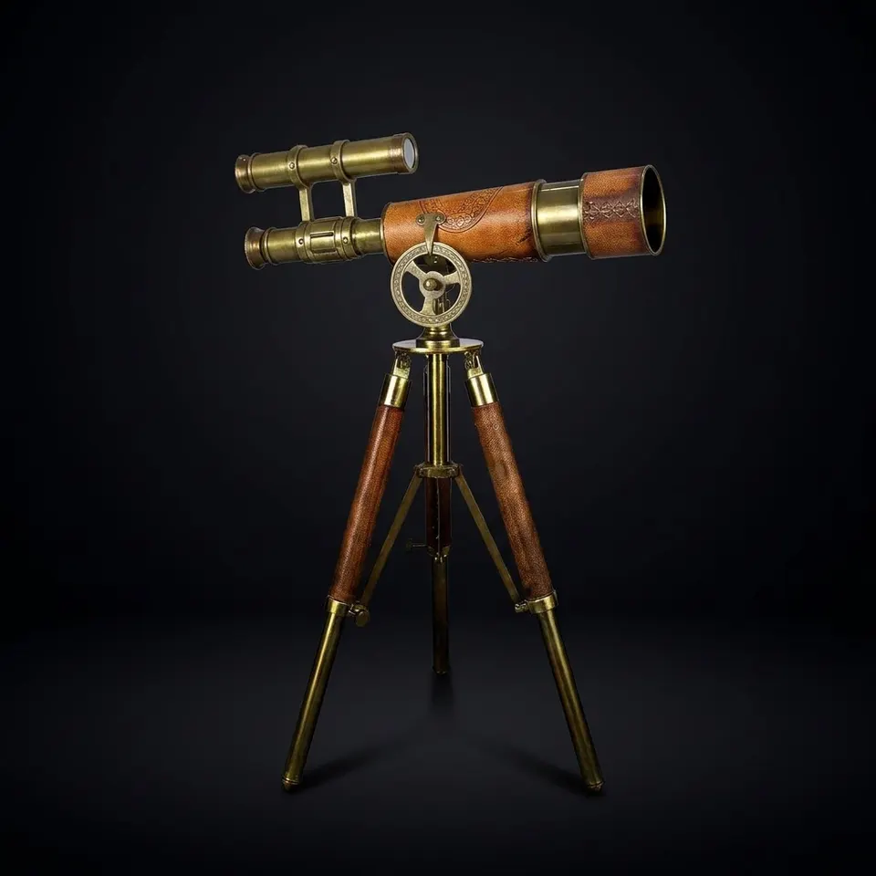 Double Barrel Brass & Leather Floor Standing Telescope 14" with Tripod Stand