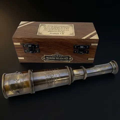 Engraved Joshua 1:9 Brass Spyglass 16" with Wooden Box view 1