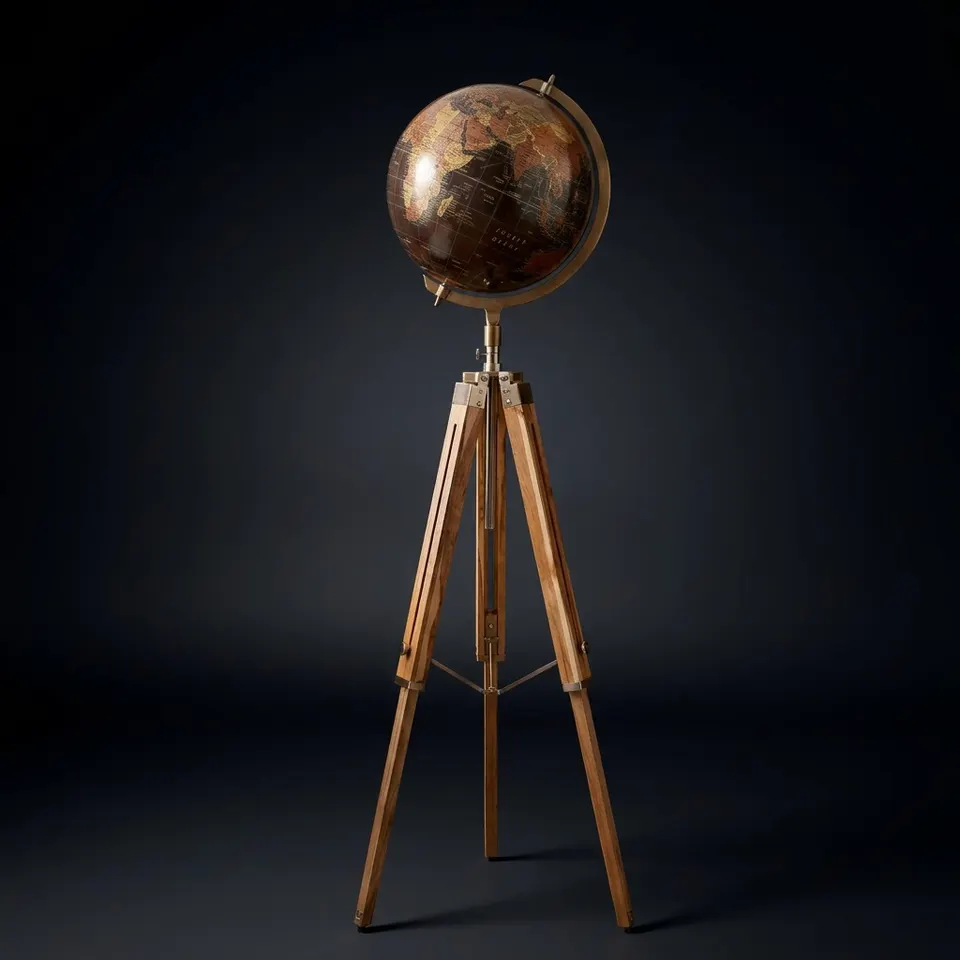 Large Dark Globe with Adjustable Wooden Tripod Stand and Brass Ring view 1