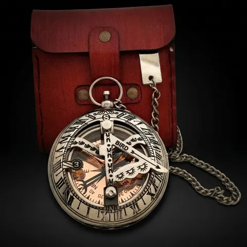 Nickel Chrome Brass Sundial Compass with Red Leather Case view 1