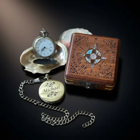 Brass Pocket Watch — Push-Button Lid & Wooden Box III view 1