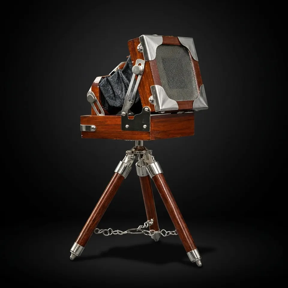 Compact Wooden Camera on Foldable Tripod view 1