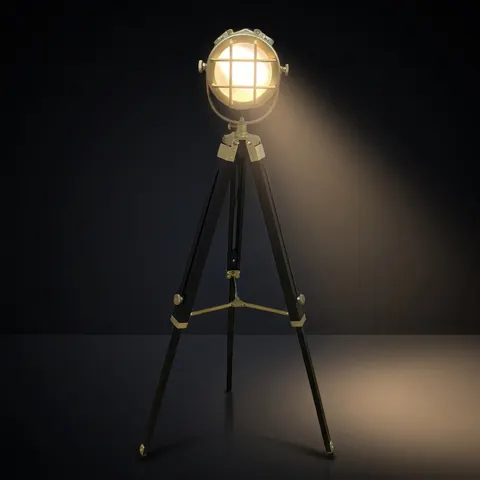 Chrome Spotlight on Black Wooden Tripod view 1